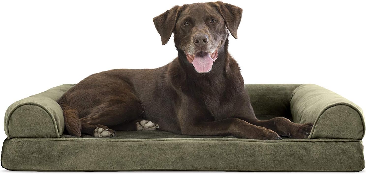 Furhaven Orthopedic Dog Bed for Large/Medium Dogs w/ Removable Bolsters & Washable Cover, For Dogs Up to 55 lbs – Faux Fur & Velvet Sofa – Dark Sage, Large
