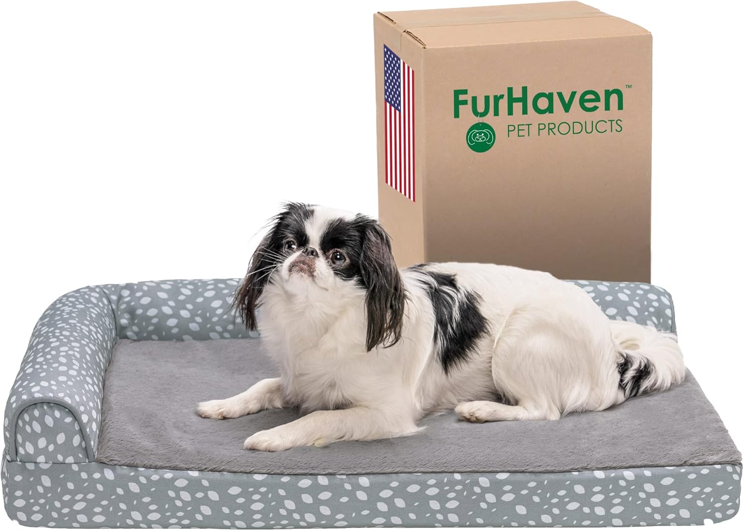 Furhaven Orthopedic Dog Bed for Medium/Small Dogs w/ Removable Bolsters & Washable Cover, For Dogs Up to 35 lbs – Plush & Almond Print L Shaped Chaise – Gray Almonds, Medium