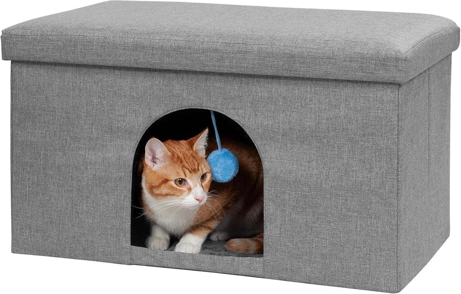 Furhaven Pet House for Indoor Cats & Medium/Small Dogs, Collapsible & Foldable w/ Plush Ball Toy – Living Room Ottoman Cat Condo – Stormy Gray, Large