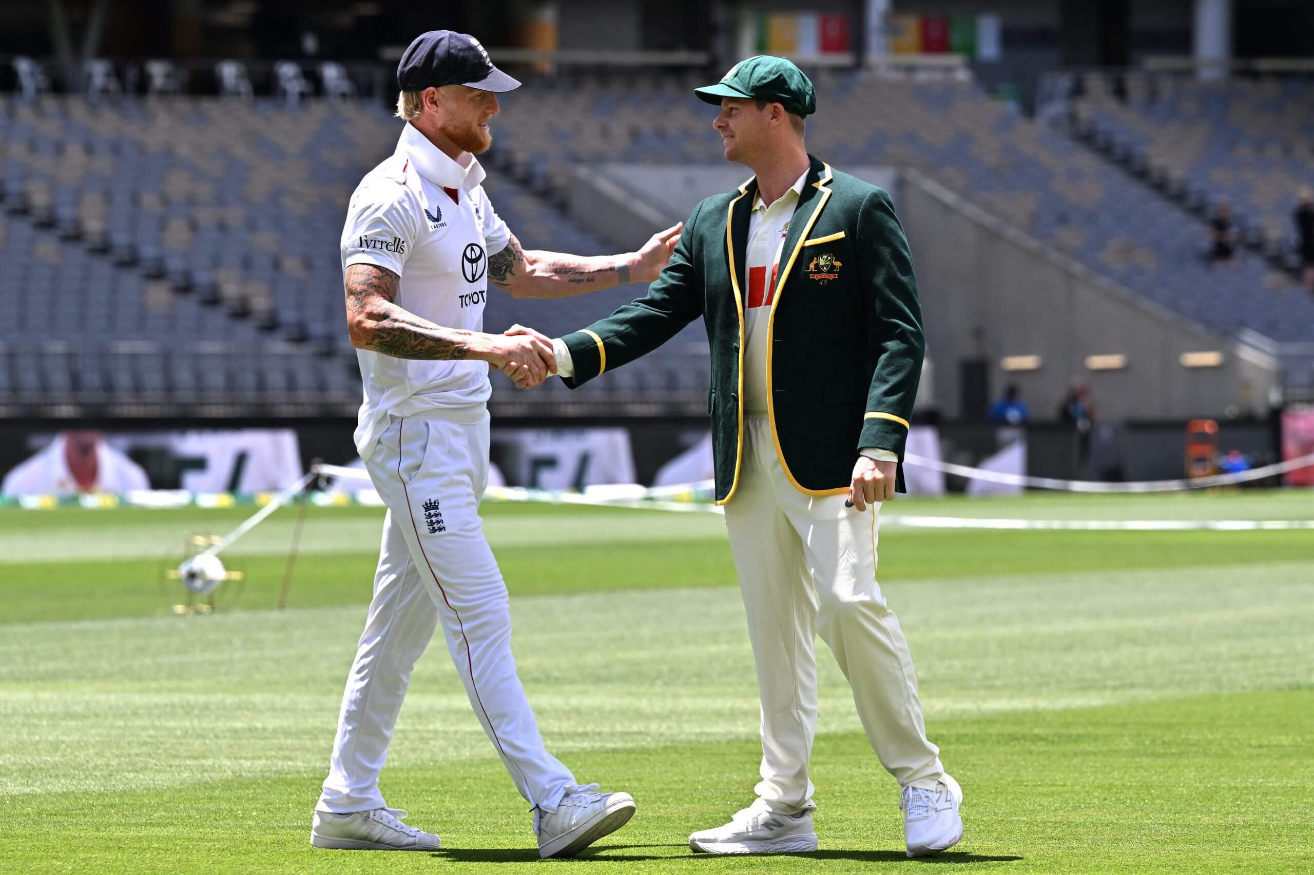 England captain Ben Stokes shakes hands with Steve Smith at Perth Stadium