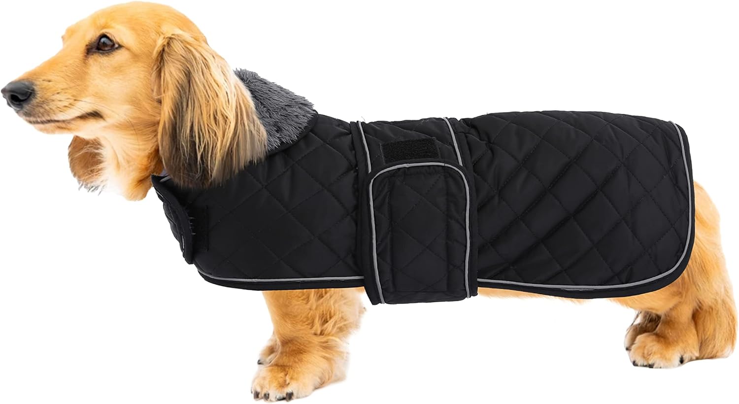 Geyecete Warm Thermal Quilted Dachshund Coat, Dog Winter Coat with Warm Fleece Lining, Outdoor Dog Apparel with Adjustable Bands for Medium, Large Dog-Black-M