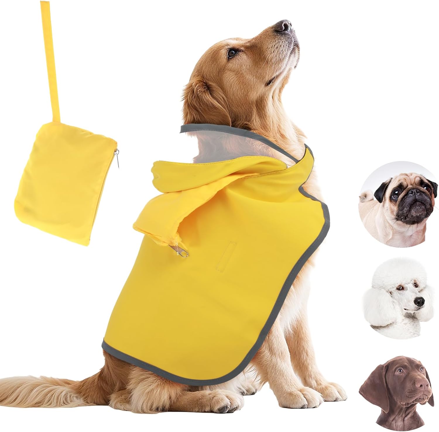Grevosea Dog Raincoat, Double Layer Dog Rain Jacket with Clear Hooded Adjustable Waterproof Rain Coat with Reflective Strips & Storage Pocket for Large Medium Small Dogs (Yellow, M)