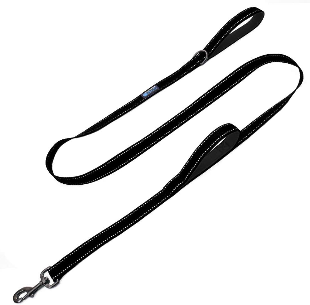 Heavy Duty Double Handle Traffic Dog Leash Reflective Nylon 6 Foot – We Donate a Leash to a Dog Rescue for Every Leash Sold (Black)