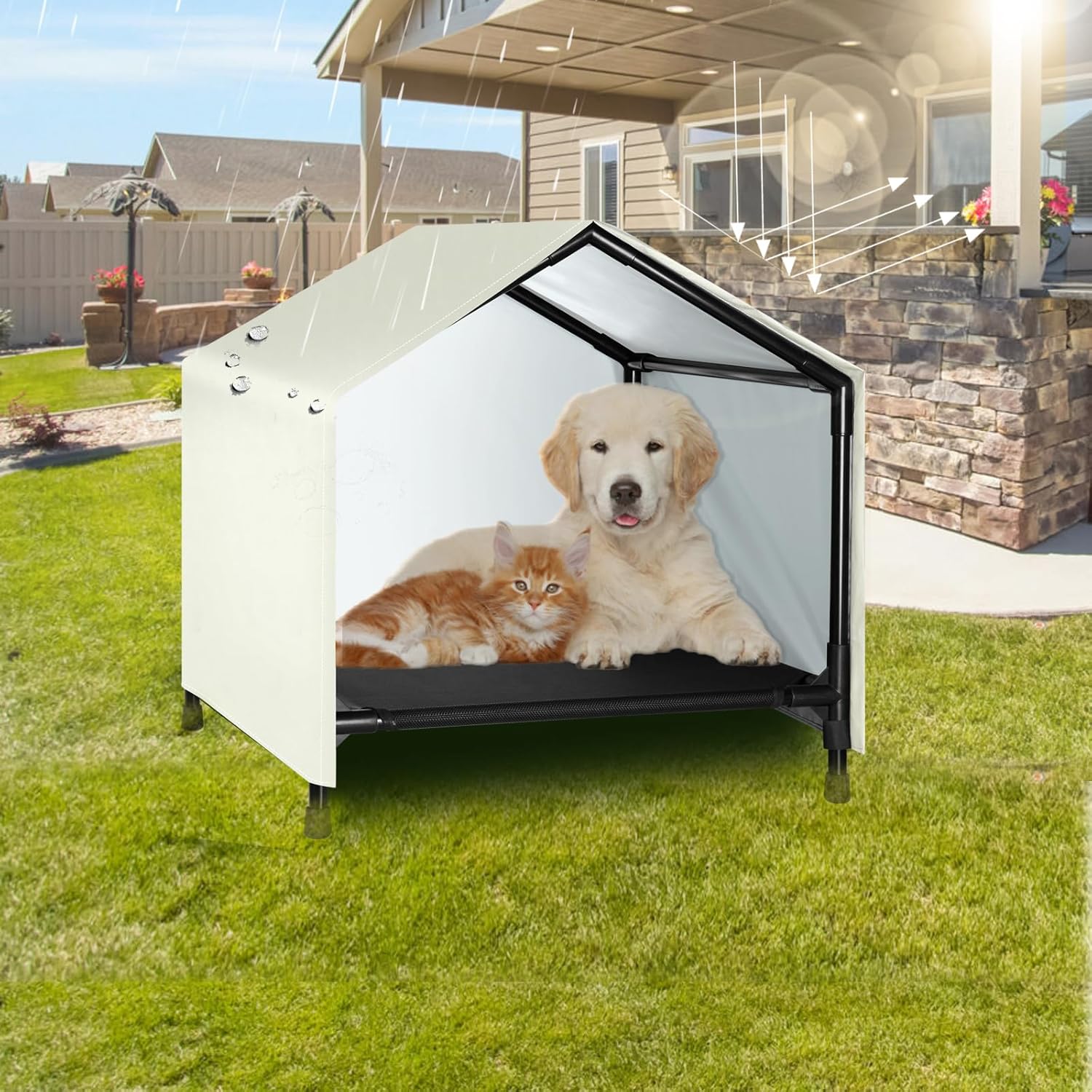 Indoor Outdoor Dog House | Elevated Dog Bed with Canopy for Small Medium Dogs Cats, Outside Raised Dog Bed, Waterproof & Sunproof Shade Shelter Tent(24″ x 24″)