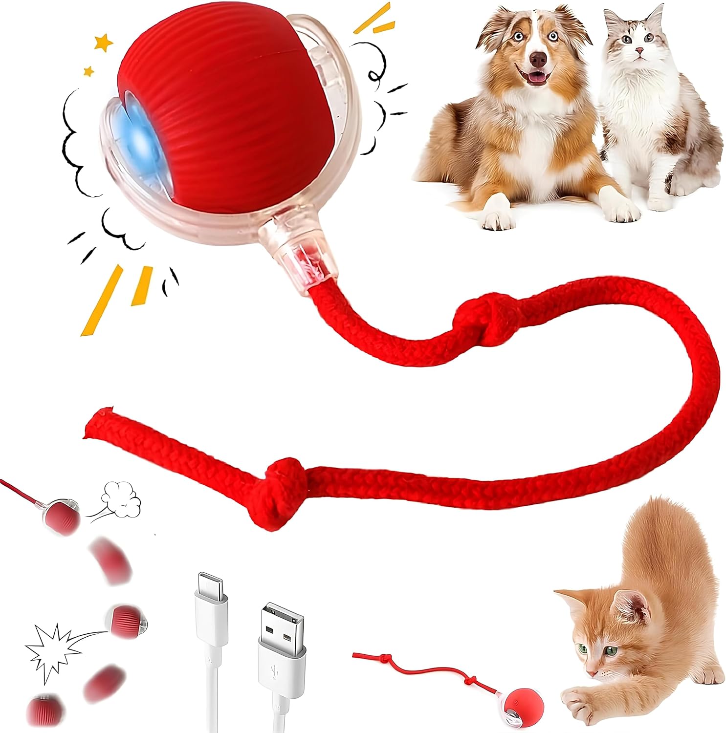 Interactive Electric Automatic Rolling Moving Rechargeable Self Play Stimulation Toy,Smart Pet Chase with Speedy Tail Rope for Bored Indoor Cats (RED)