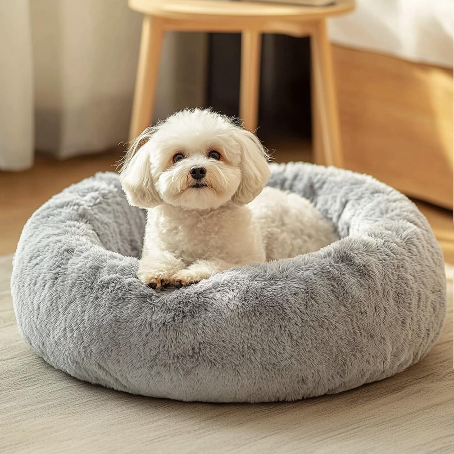 JOLLYVOGUE Dog & Cat Bed, Calming Anti-Anxiety Pet Bed for Small Dogs, Fluffy Donut Cushion for Small and Medium Pets (20″)