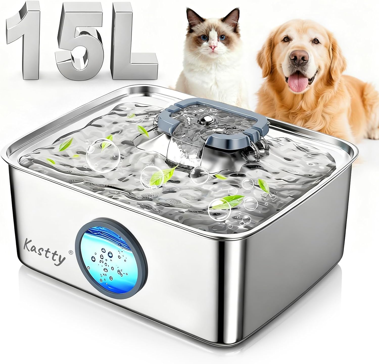 Kastty 15L/3.96 Gal Stainless Steel Dog Water Fountain, Large Capacity Pet Water Fountain Quiet LED Light Triple Filtration BPA-Free, Automatic Dog Water Bowl Dispenser Easy Cleaning FS79