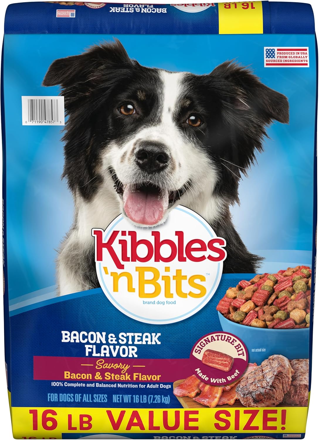 Kibbles ‘n Bits Dry Dog Food, Savory Bacon & Steak Flavor for Adult Dogs 16 lb. Bag