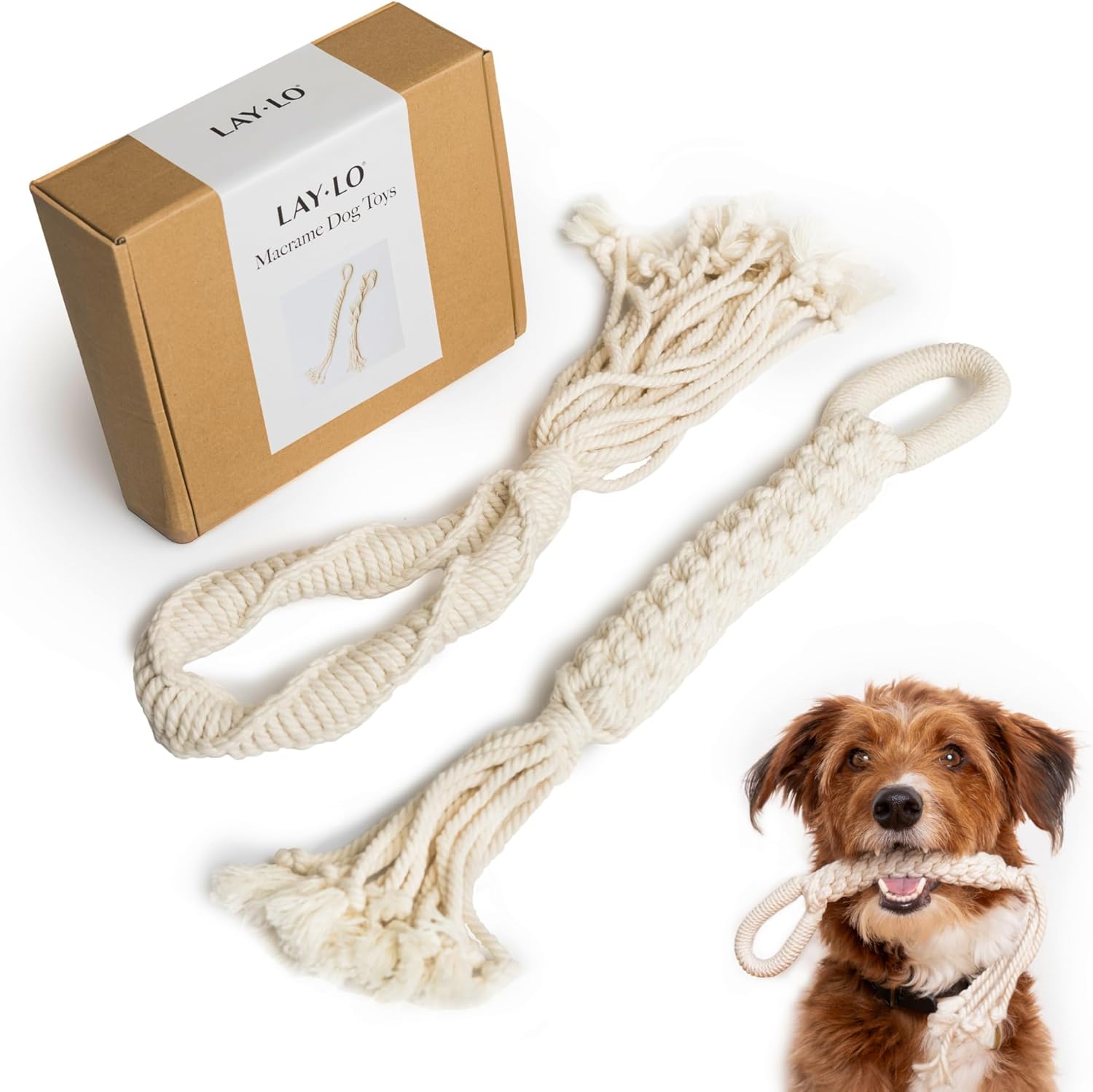 LAY LO Natural Cotton Dog Rope Toys | 18 inch 2-Pack | for Medium and Large Dogs | Includes Live Dog Trainer Support | Durable & Eco-Friendly | Unique Boho Designs with Handle | Puppy Teething Toy
