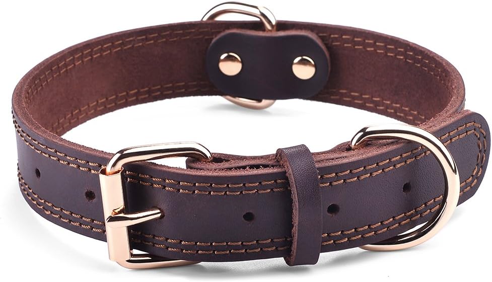 Leather Dog Collar, Heavy Duty Wide Dog Collar for Small,Medium,Large and Extra Large Dogs (M: 1″ Wide for 15.2″-19.2″ Neck, Dual Stitch – Brown)