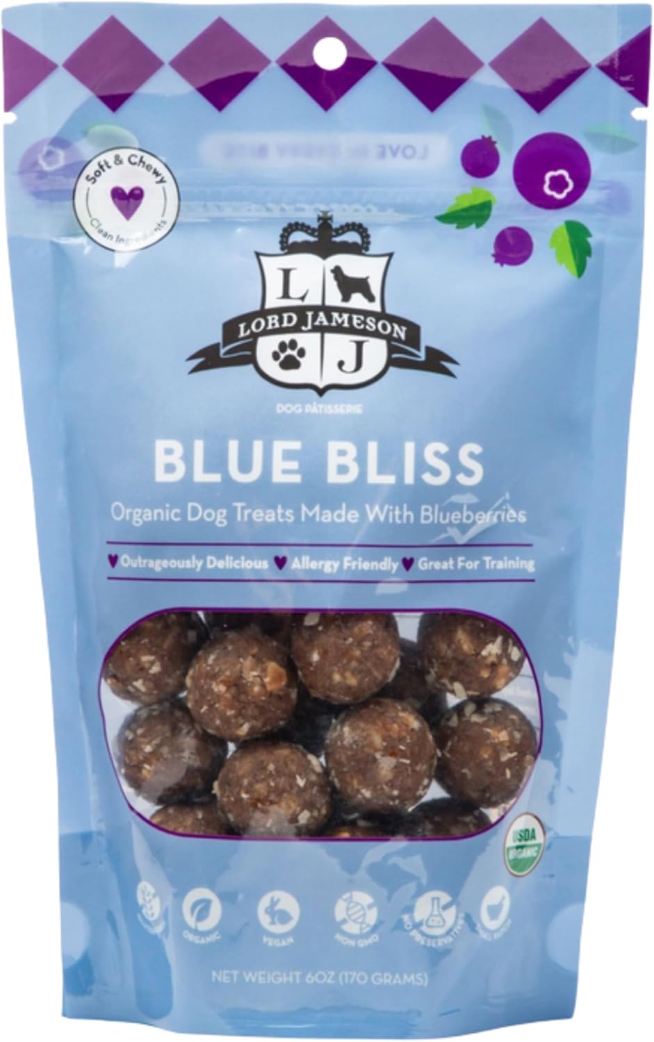 Lord Jameson Blue Bliss Soft & Chewy Organic Dog Treats – Blueberry + Super Foods – Gluten-Free, Preservative-Free, USDA Certified Organic – For All Life Stages – Made in USA 6 oz