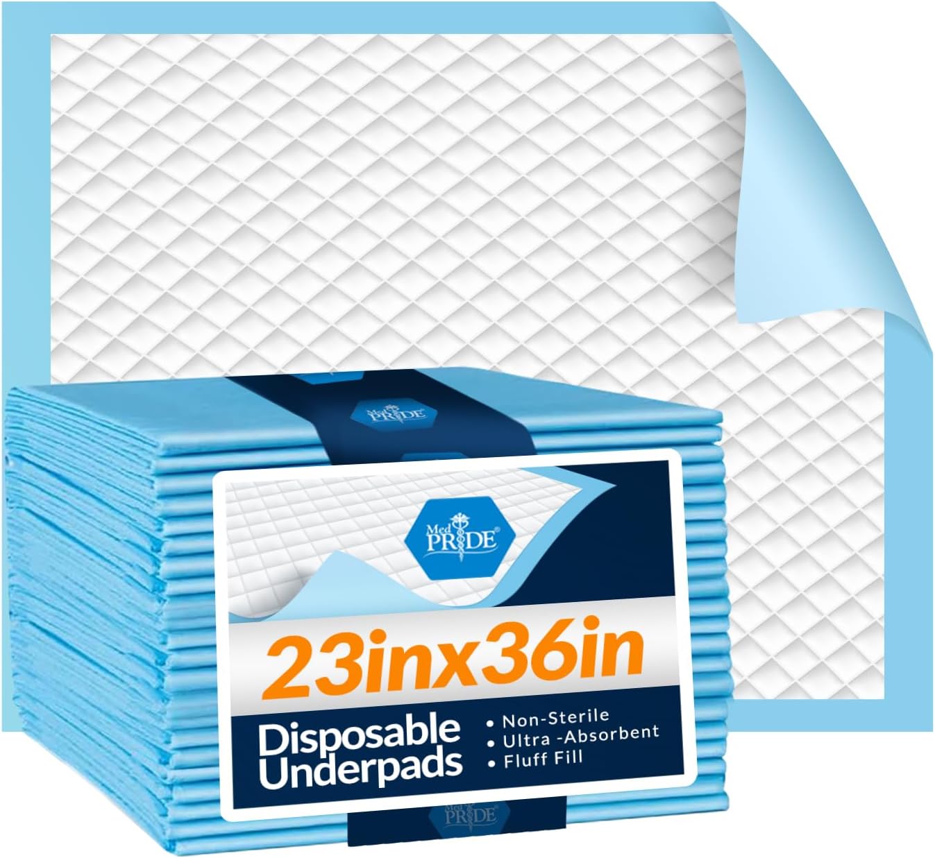 MED PRIDE Disposable Underpads 23” X 36” (25-Count) Incontinence Pads, Chux, Bed Covers, Puppy Training | Thick, Super Absorbent Protection for Kids, Adults, Elderly | Liquid, Urine, Accidents