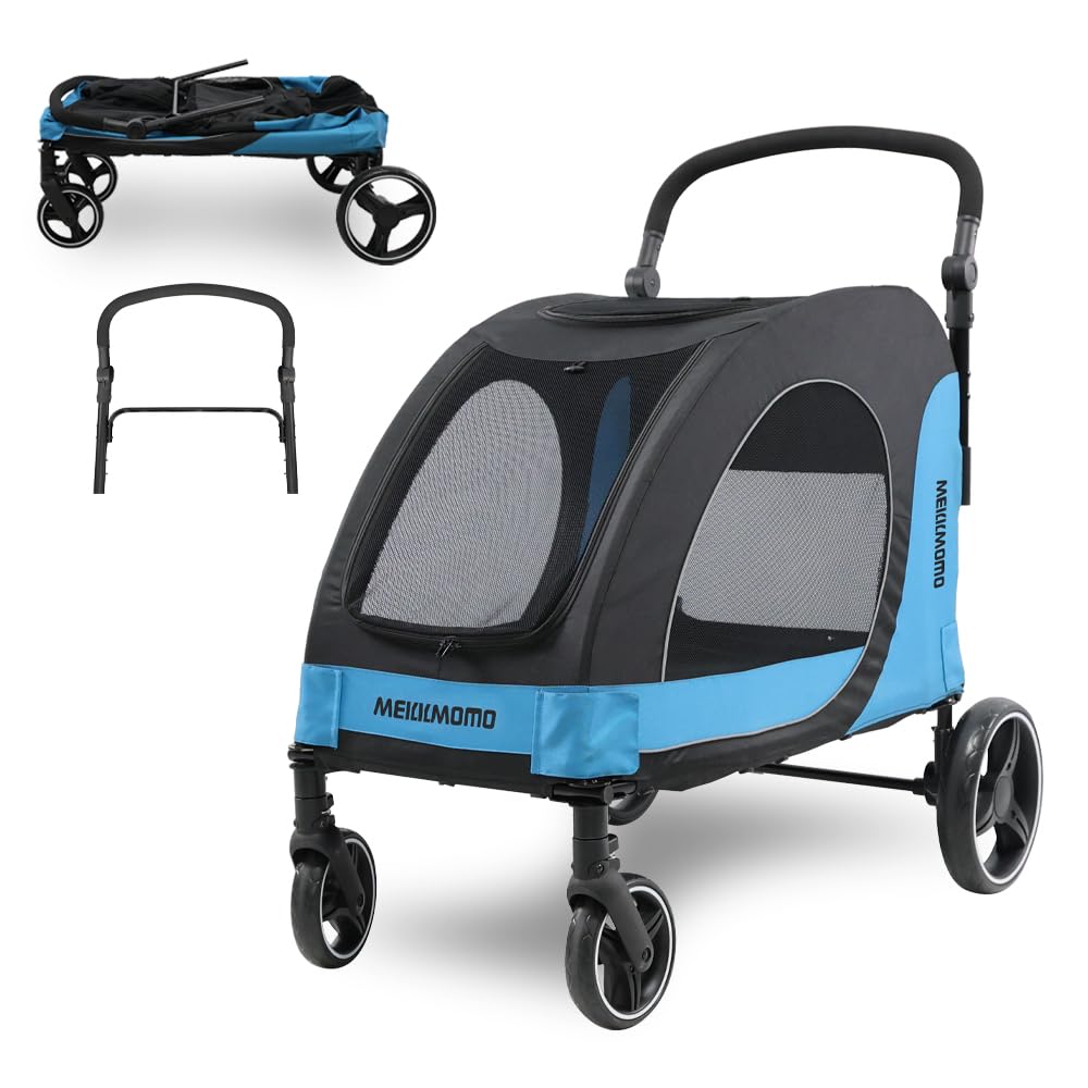 MekkMom Large Dog Cart – Adjustable Handle, Lightweight Foldable Pet Cart, Four Sided Ventilation, 360 Degree Rotating Front Wheel, Capacity 77 Pounds, Suitable for Travel and Exploration – Blue