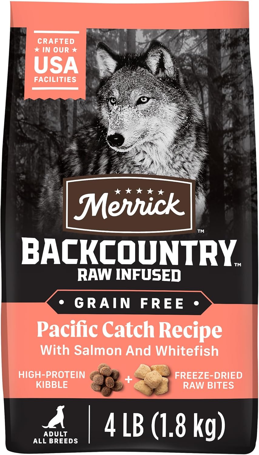 Merrick Backcountry Grain Free Dry Adult Dog Food, Kibble With Freeze Dried Raw Pieces, Pacific Catch With Salmon – 4.0 lb. Bag