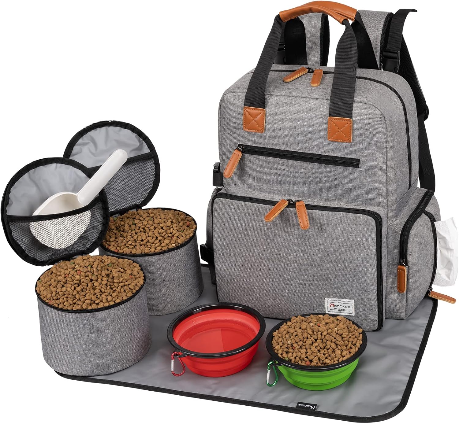 Modoker Dog Travel Bag – Airline Approved Backpack for Pet Accessories Organizer, Tote Weekend Bag with 2 Dog Food Containers, 2 Collapsible Bowls, 1 Pet Mat, Grey