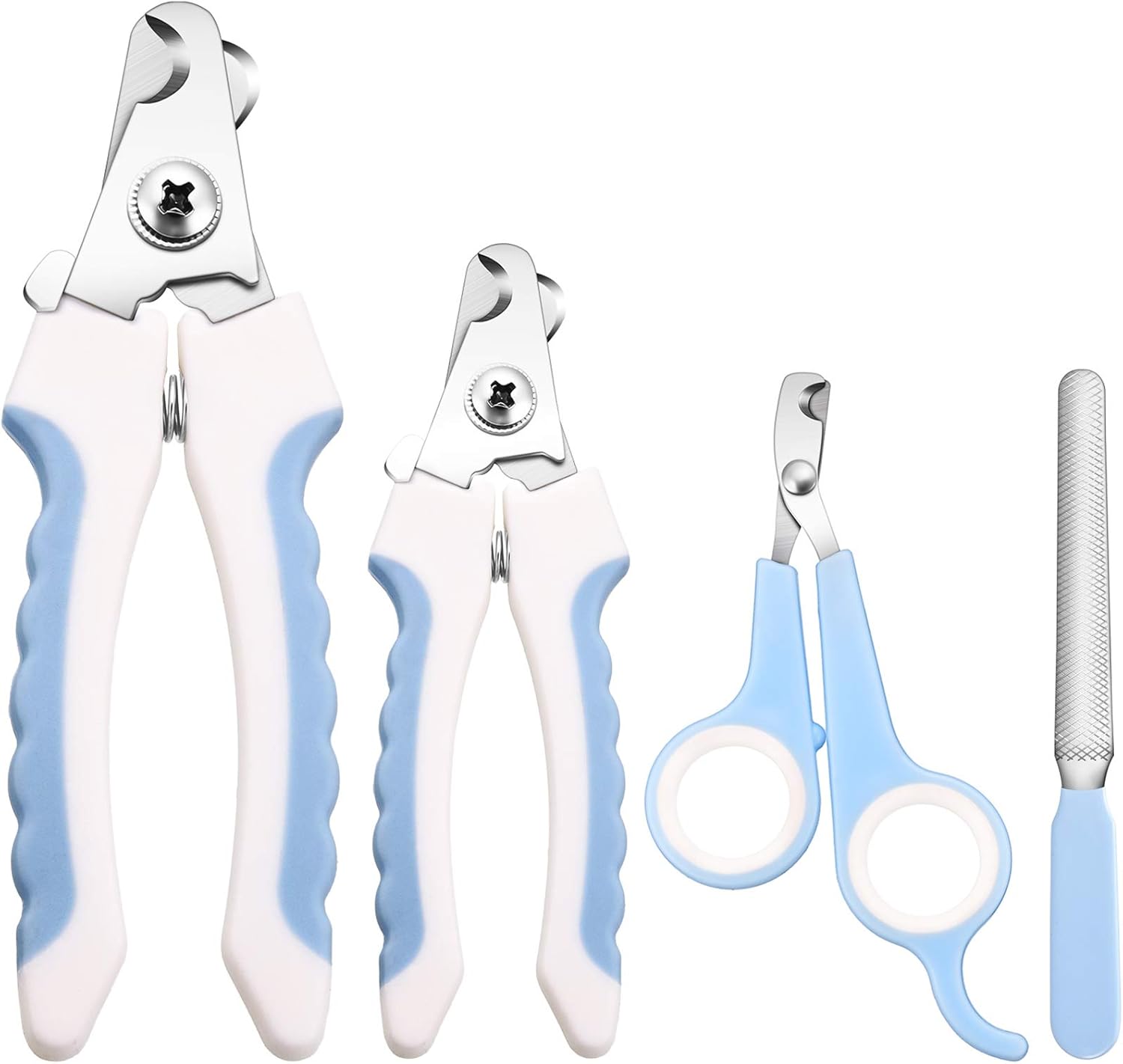 Mudder 4 Pieces Dog Nail Clippers Kit Dog Cat Pets Nail Clippers and Trimmers with Safety Guard to Avoid Over Cutting for Large Small Animals Pet Grooming (Blue and White)