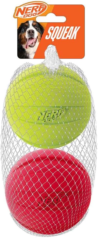 Nerf Dog Classic Squeak Ball Outdoor Dog Toy, 3.8 Inch Dog Ball Fetch Toy, Squeaking Toy for Medium and Large Breeds, Green/Red, 2 Count