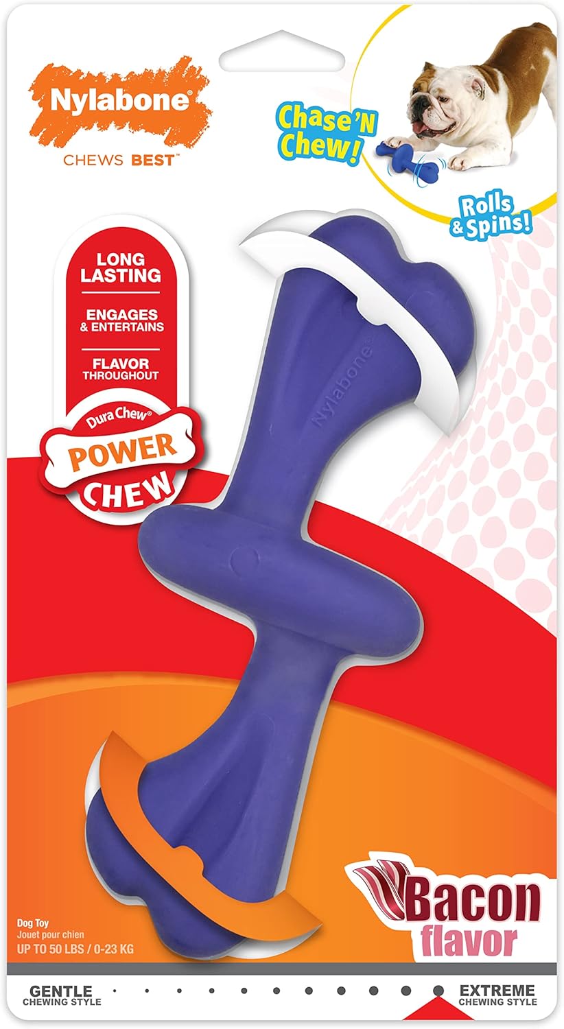 Nylabone Engaging Power Chase ‘N Chew Toy for Dogs, Rolling & Spinning Interactive Dog Toys for Aggressive Chewers, Purple, Bacon Flavor, Large – Up to 50 lbs, 1 Count