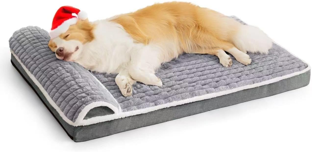 Orthopedic Dog Bed Large Sized Dog with Pillow 36”X24”, Waterproof Soft Comfortable Egg Crate Foam Pet Crate Beds Mat with Removable Washable Cover and Non-Slip Bottom, Grey