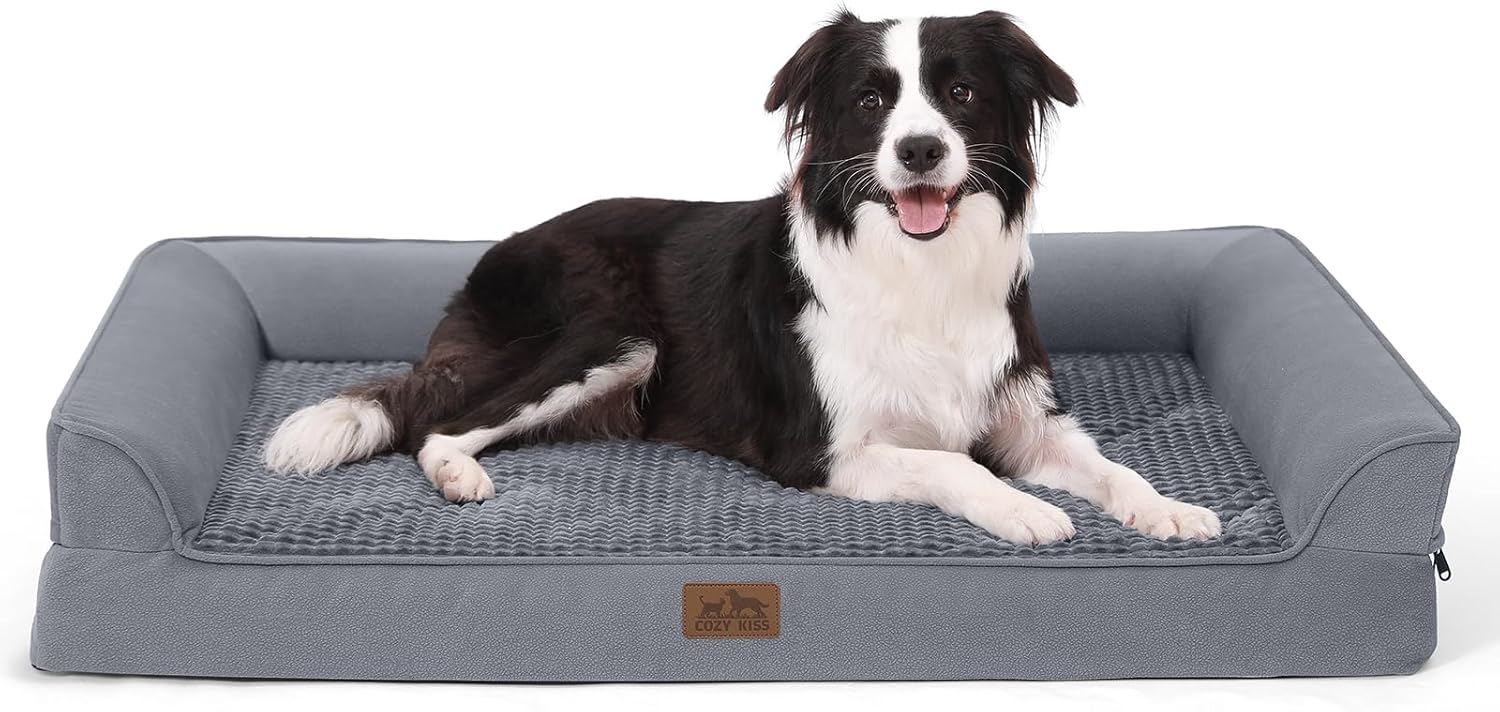 Orthopedic Dog Bed for Large Dog, XL Pet Couch for Extra Large Dog, Big Supportive Foam Bolster Sofa with Waterproof Lining Cover, Anti-Slip, Comfort, Washable, 42x30x7.5 in, U-Shaped, Grey