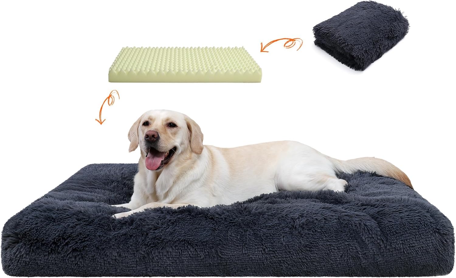 Orthopedic Dog Beds Medium/Large Sized Washable Removable Cover, Plush Dog Bed Waterproof Lining NonSkid Bottom, Crate Foam Pillow Mattress Fluffy Anti Anxiety Pet Pad 35×23 Inch, Dark Grey