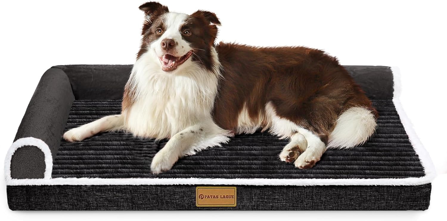 Patas Lague Orthopedic Dog Bed Large Sized Dog 36”X24”, Waterproof Comfortable L Bolster Medium Non-Slip Soft Warm Pet Crate Bed Sleep Sofa mat with Removable Washable Cover Black
