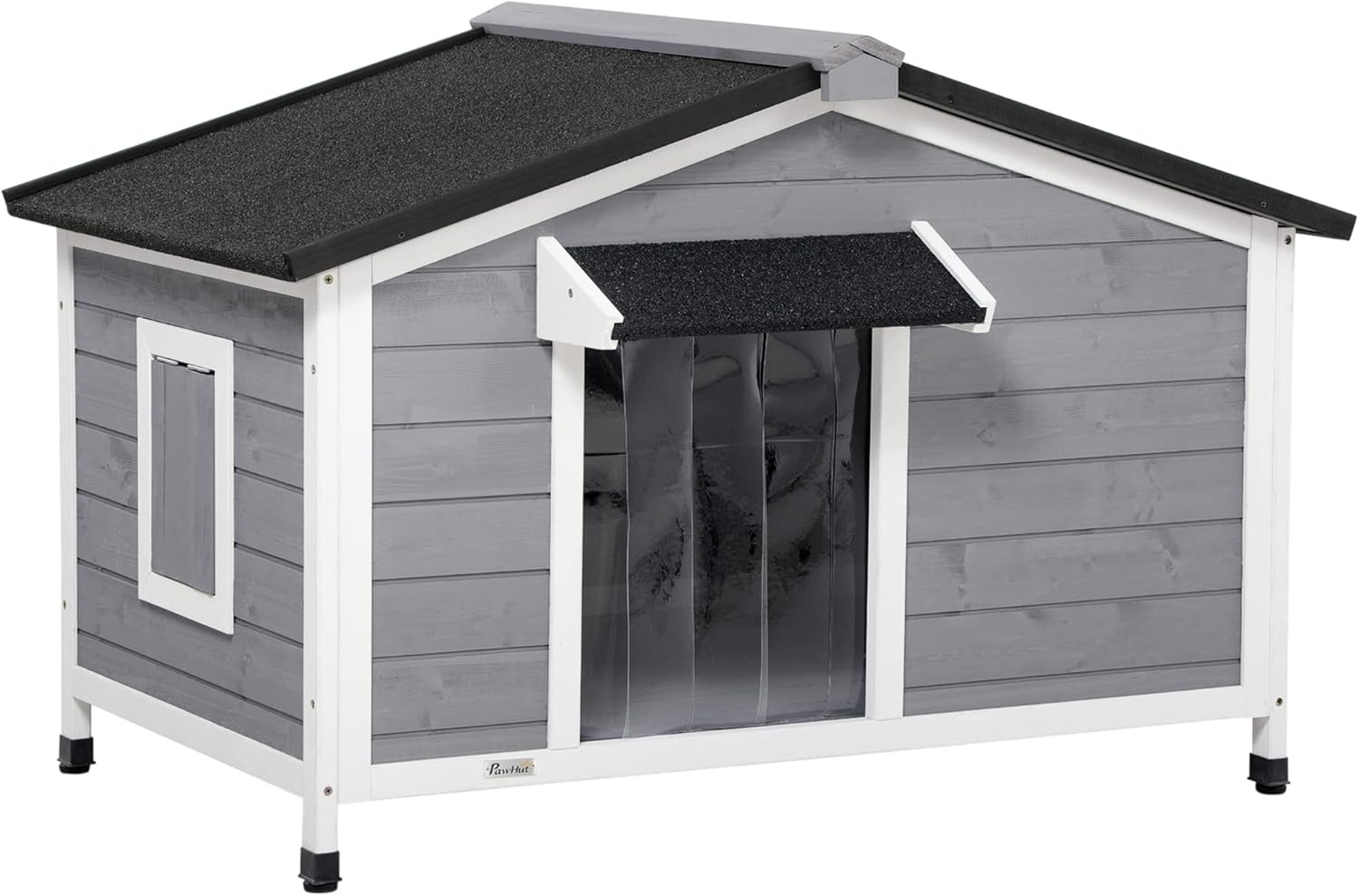 PawHut Dog House Outdoor, Wooden Cabin Style Raised Dog Kennel Shelter with Openable Roof, Removable Bottom, Windows, Curtain, Foot Covers, for Small and Medium Dogs, Gray