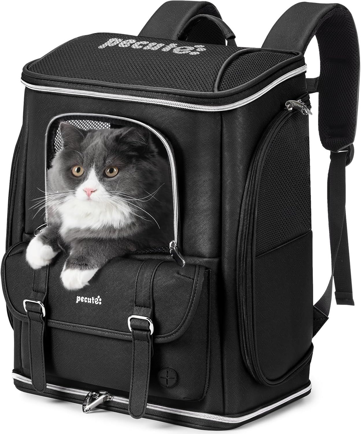 Pecute Cat Backpack Carrier,Anti-Gravity 30% Energy Saving, Dog Backpack with Waterproof PU Leather, Cat Carrier for Small Dog,Suitable for Climbing, Hiking, Traveling, Black
