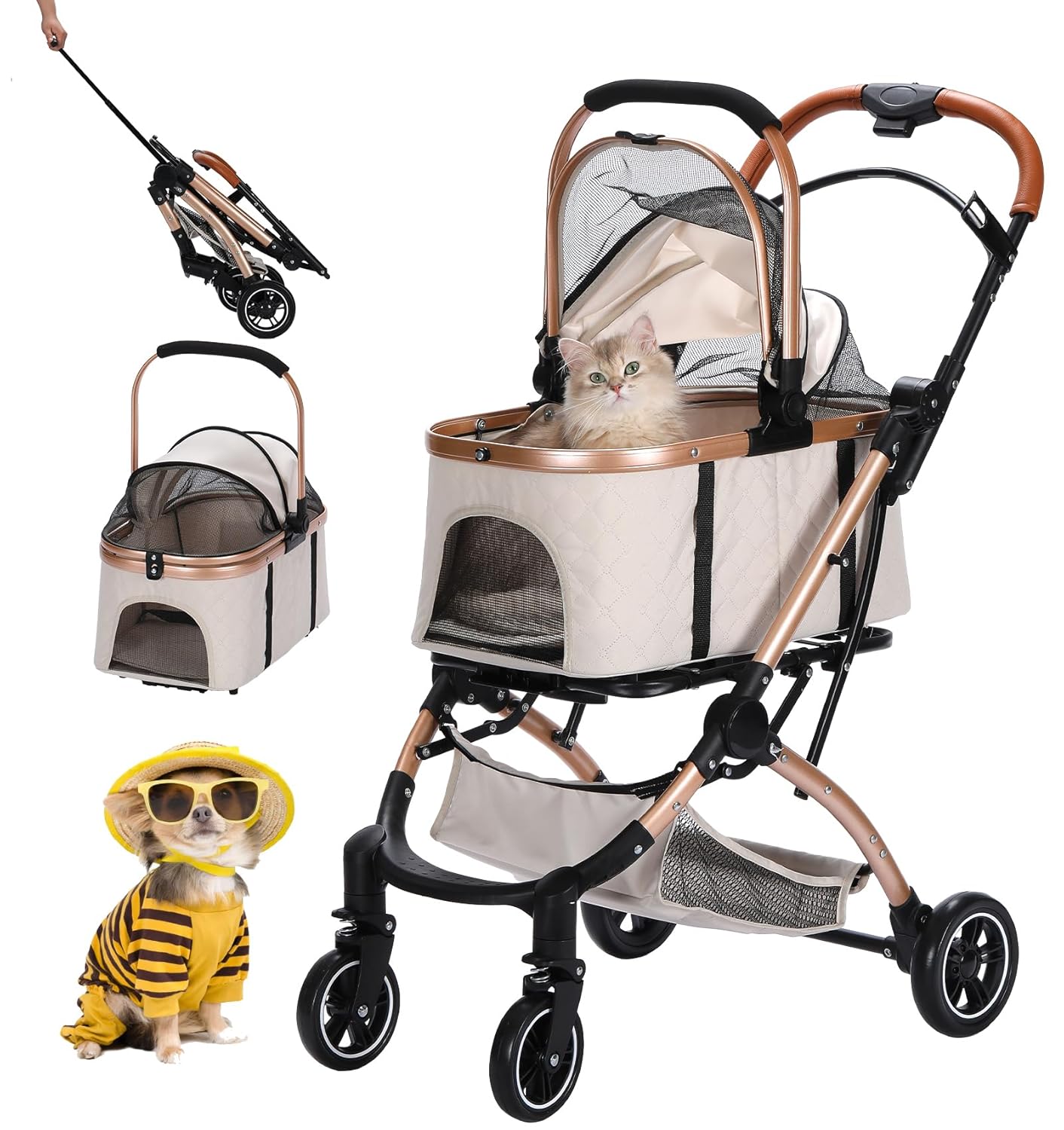 Pet Stroller, 4 Wheels Folding Stroller for Small/Medium Cats Dogs up to 35lbs, Zipperless Entry, Detachble Portable Pet Bag with Storage Basket (Beige)