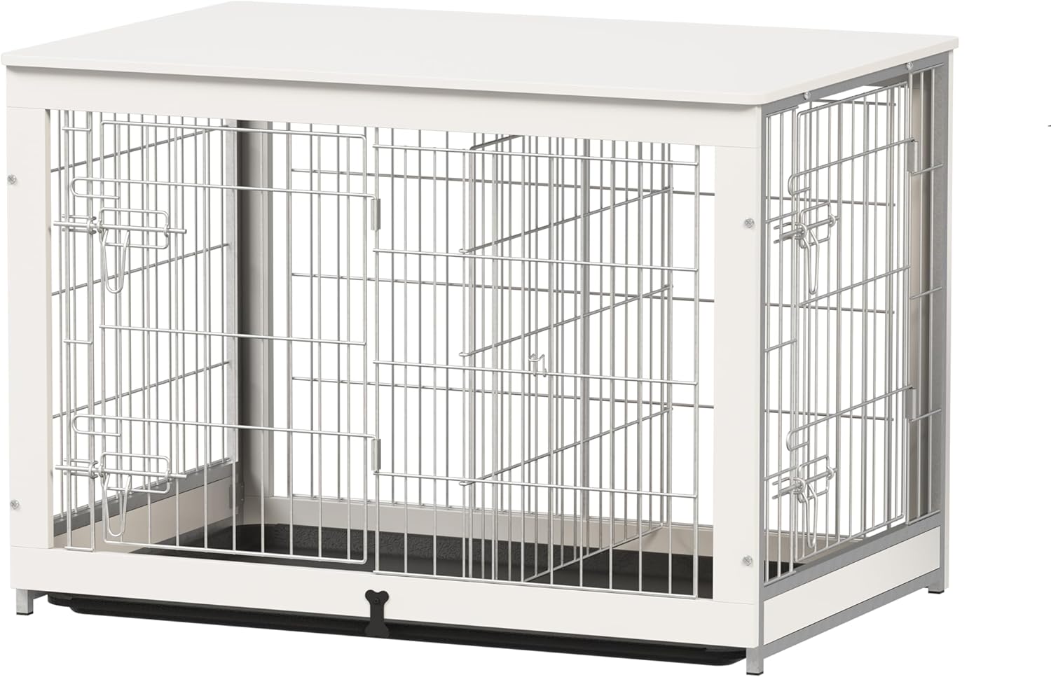 Piskyet Wooden Dog Crate Furniture with Divider Panel, Dog Crate End Table with Fixable Slide Tray, Double Doors Dog Kennel Indoor for Dogs(L:37.8″ L*25.1″ W*26.3″ H,White)