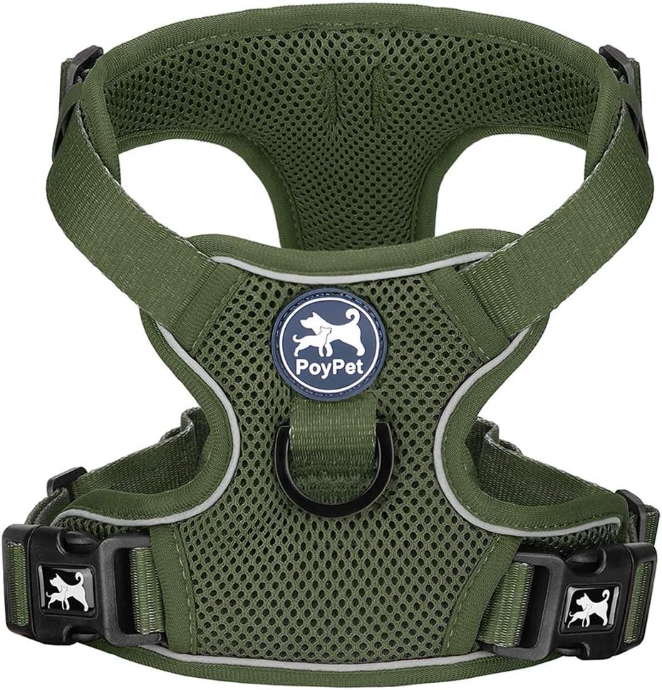 PoyPet Reflective Soft Breathable Mesh Dog Harness Choke-Free Double Padded Vest with Adjustable Neck and Chest(Military Green,S)