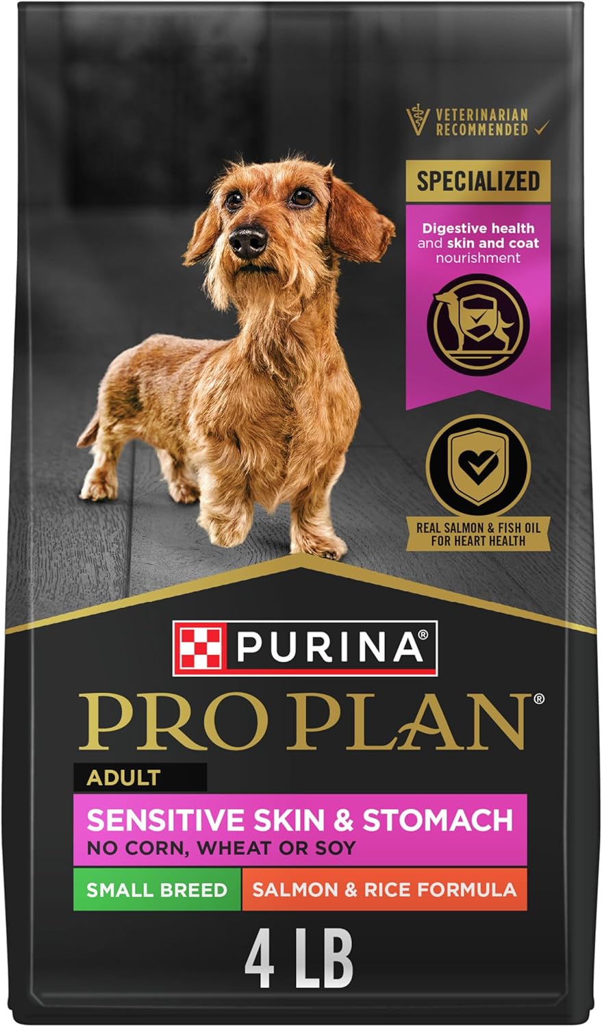 Purina Pro Plan Sensitive Skin and Stomach Dog Food Small Breed, Adult Salmon & Rice Formula – 4 lb. Bag