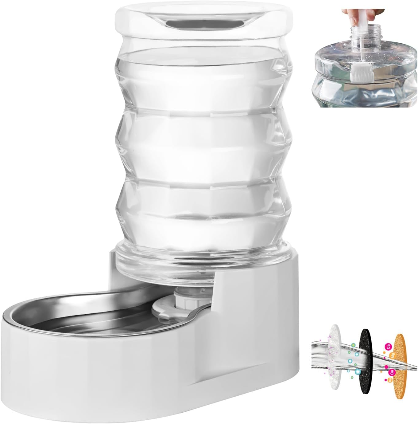 RIZZARI Automatic Gravity Pet Waterer: 7L White Stainless Steel Water Dispenser – Large Capacity with Triple Filter and Specialized Brush for Senior Dogs with Spinal Issues – for Living Room Bedroom