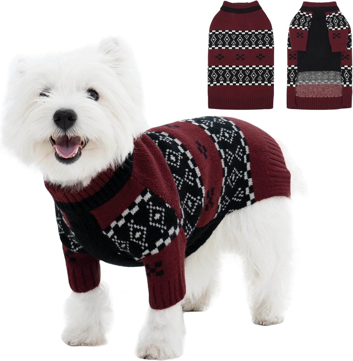ROZKITCH Dog Sweaters for Small Medium Dogs Boy Girl, Christmas Sweater Holiday Outfit, Classic Fair Isle Pattern Knit Pullover, Warm Winter Clothes for Cats Small Dogs DarkRed M