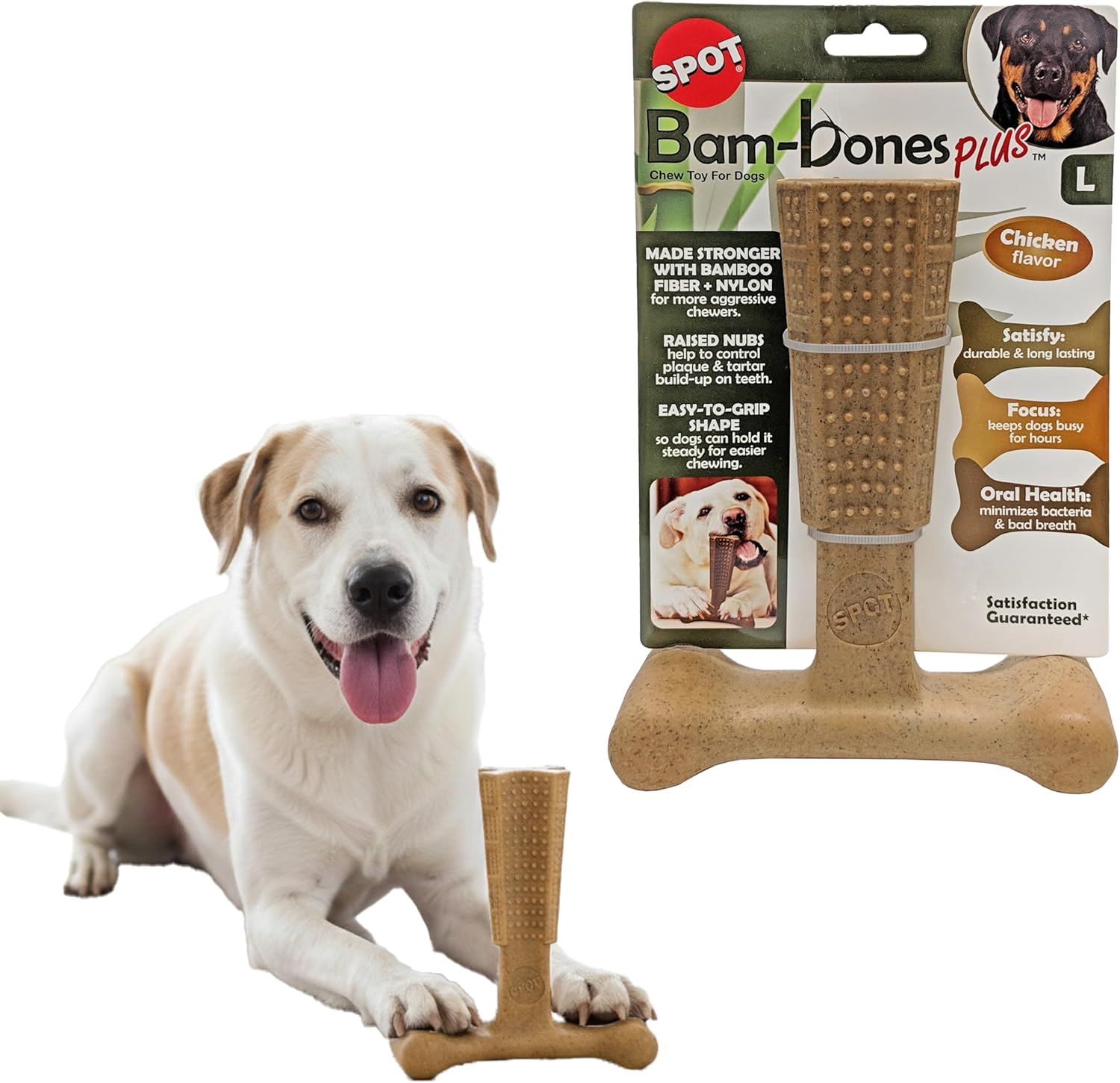 SPOT Bam-Bones Plus T-Bone, Bamboo Fiber & Nylon Dog Chew, Durable for Aggressive Chewers, Non-Splintering, for Adult Dogs & Teething Puppies Under 90lbs, 7in, Chicken Flavor
