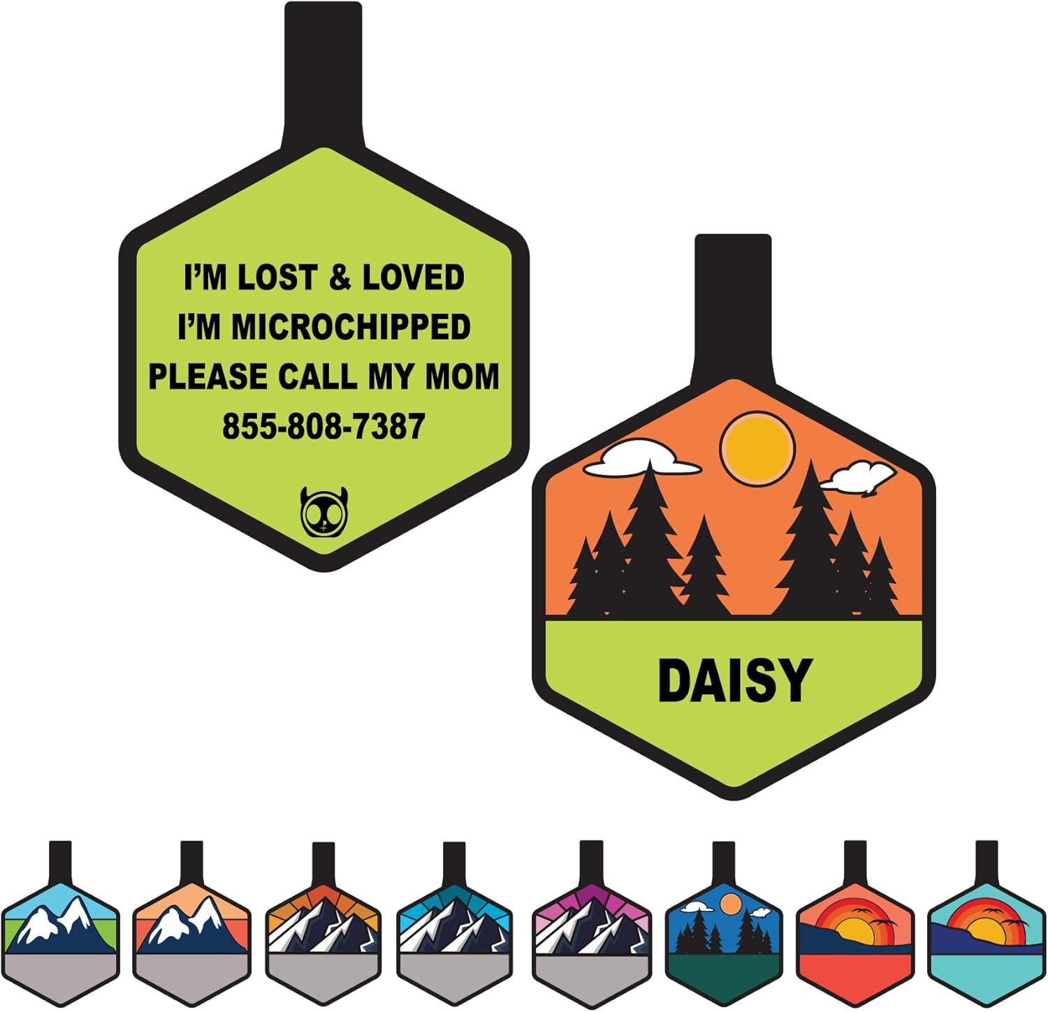 Silent Dog Tag Personalized with 5 Lines of Custom Deep Engraved Durable Soundless Silicone Pet ID Name Tag Hexagon Forest Day