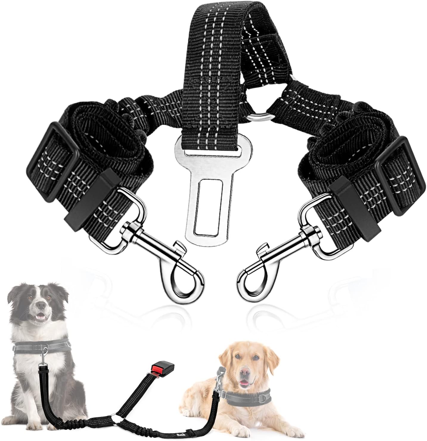 SlowTon Dog Seat Belt, Double Dog Seatbelt Adjustable Vehicle Safety Leash with Elastic Bungee Buffer, Reflective No Tangle Y Shape Two Dog Harness Seat Belt Splitter for Pets Car Trip (Black, M)