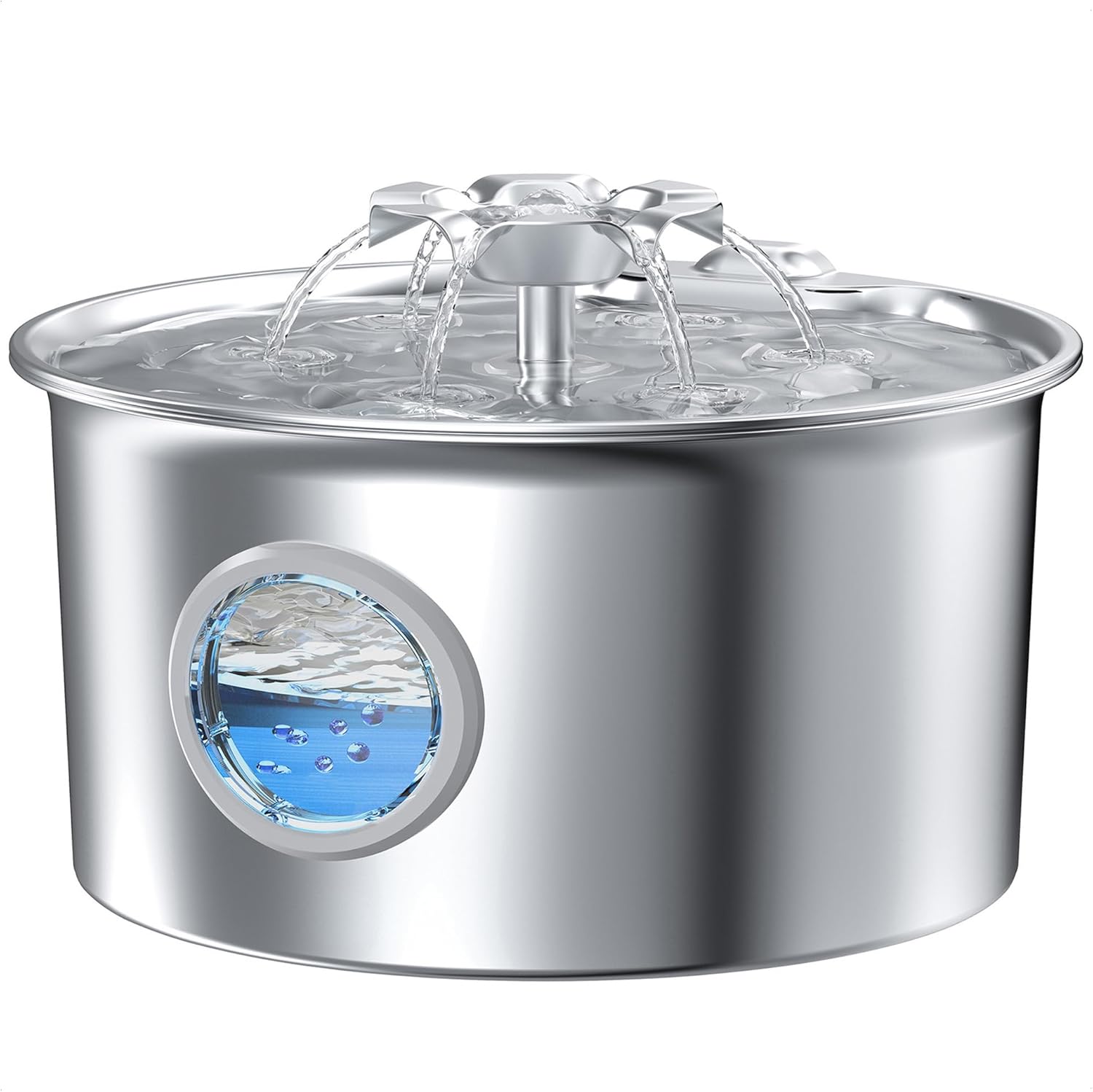 Stainless Steel Cat Water Fountain: 88oz/2.6L Ultra Quiet Pet Fountain with Flower Kitty Spout & LED Blue Light Water Dispenser with Water Level Window for Cats/Dogs Indoor (Silver) – IHOUONE