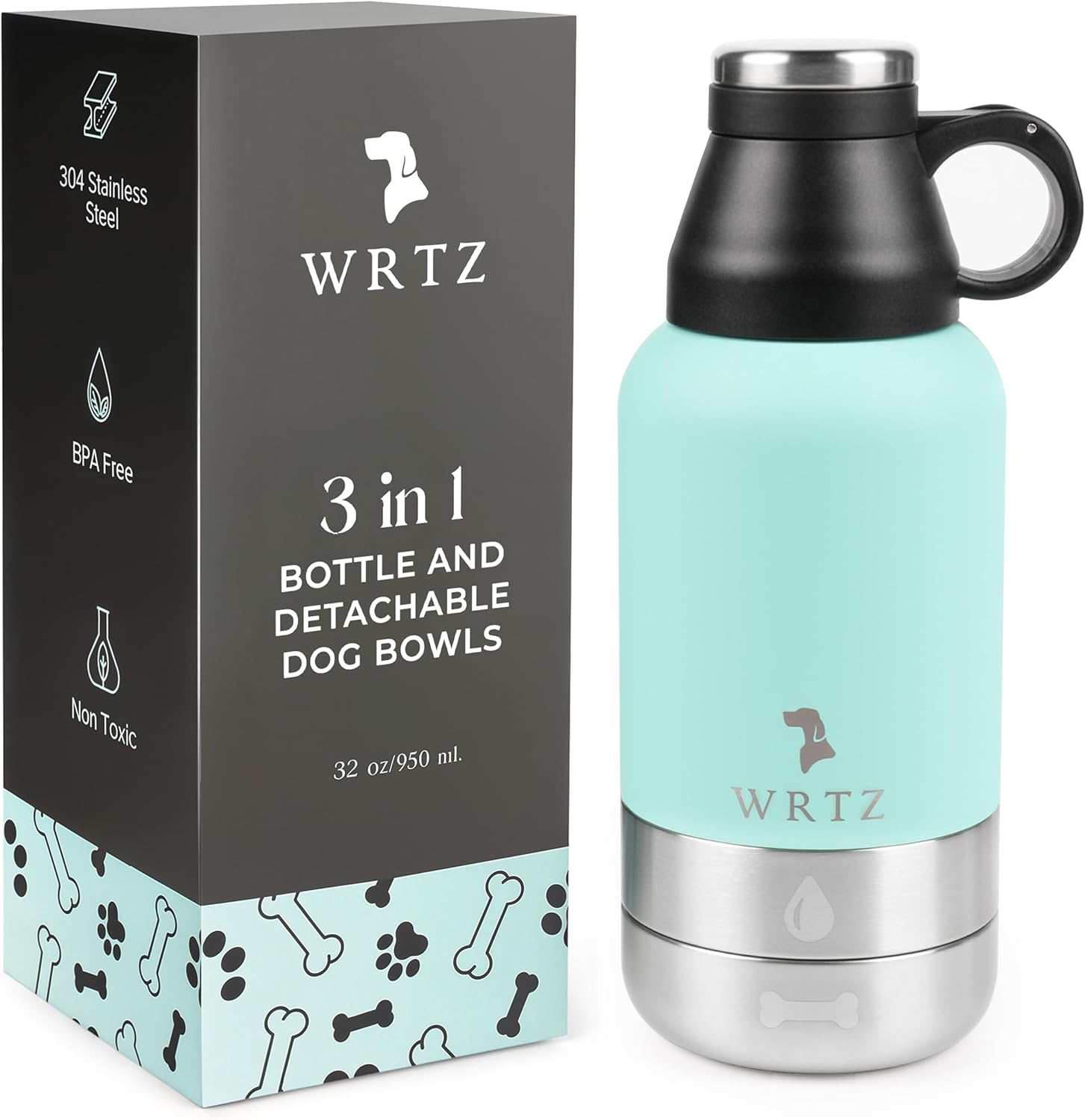 Stainless Steel Insulated Water Bottle with 2 Removable Water Bowls for Dogs – Leak-Proof Portable Dog Water Bottle – Travel Accessories for Dogs – 32oz – Teal