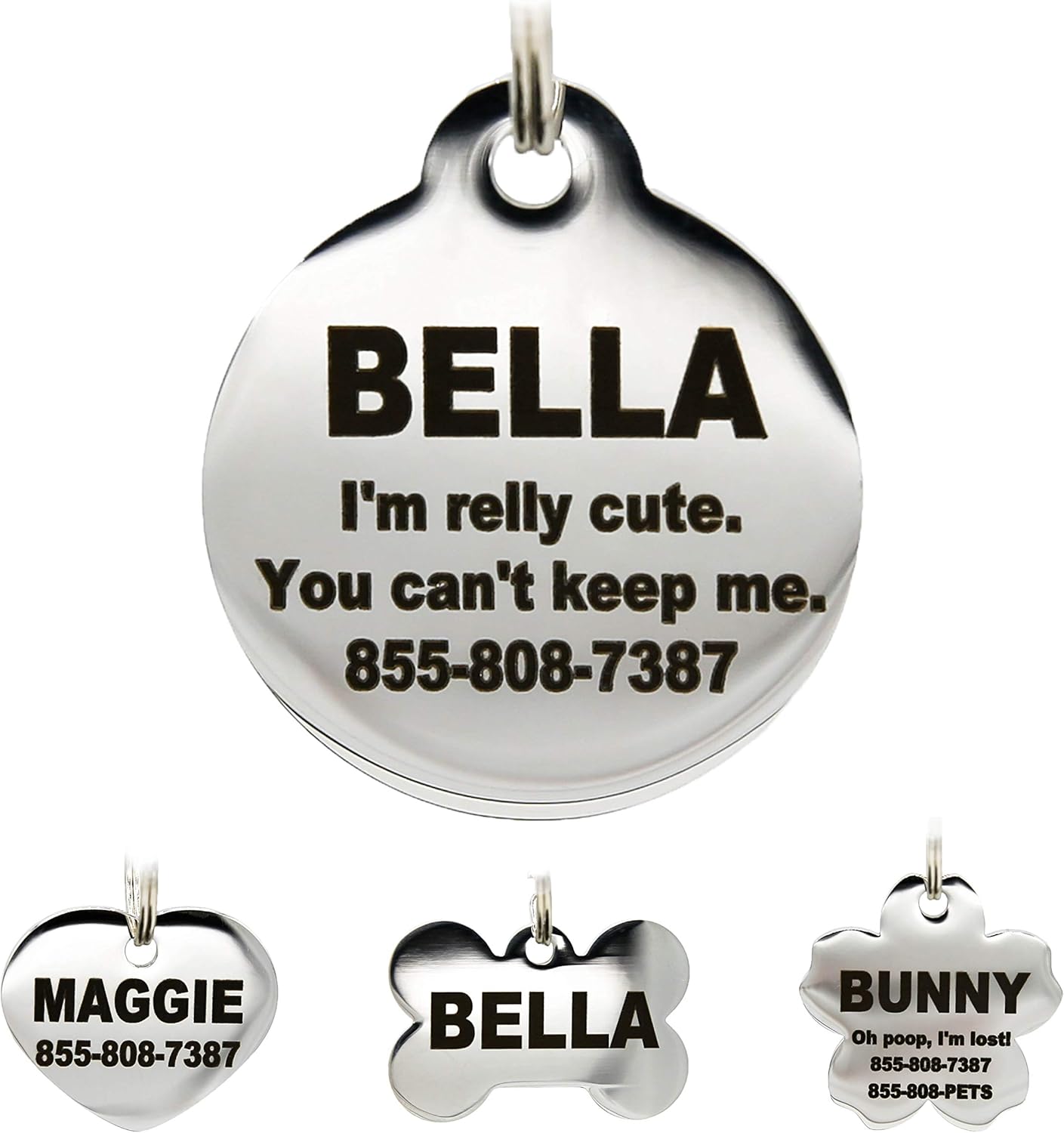 Stainless Steel Pet ID Tags – Engraved Personalized Dog Tags, Cat Tags Front & Back up to 8 Lines of Text – Bone, Round, Heart, Flower, Badge, House, Star, Rectangle, Bow Tie