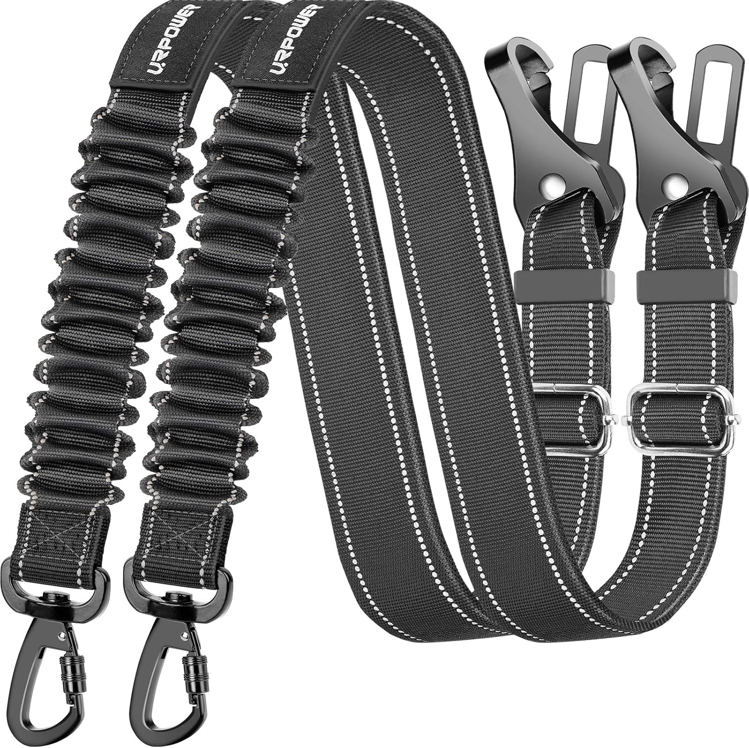 URPOWER 3-in-1 Dog Seat Belt for Car, 2 Pack Adjustable Bungee Dog Car Harness with Seatbelt Buckle & Latch Hook, Reflective & 360° Swivel Heavy Duty Pet Safety Belts for Dogs and Cats