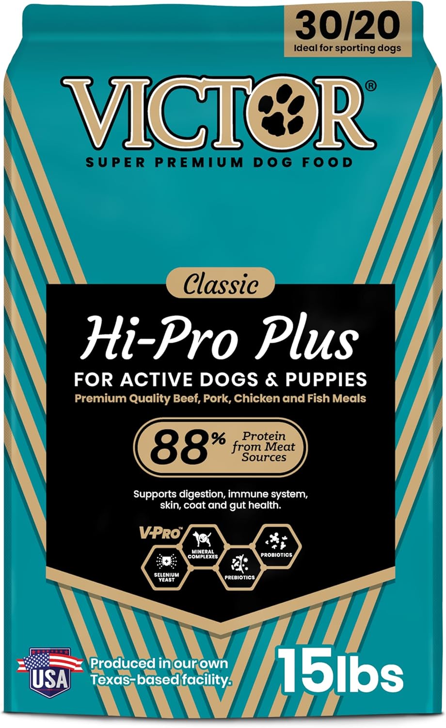 VICTOR Super Premium Dog Food – Hi-Pro Plus Dry Kibble – High Protein Dog Food with 30% Protein – Beef, Chicken, Pork, Fish Meals, Gluten Free – for High Energy and Active Dogs & Puppies, 15lbs