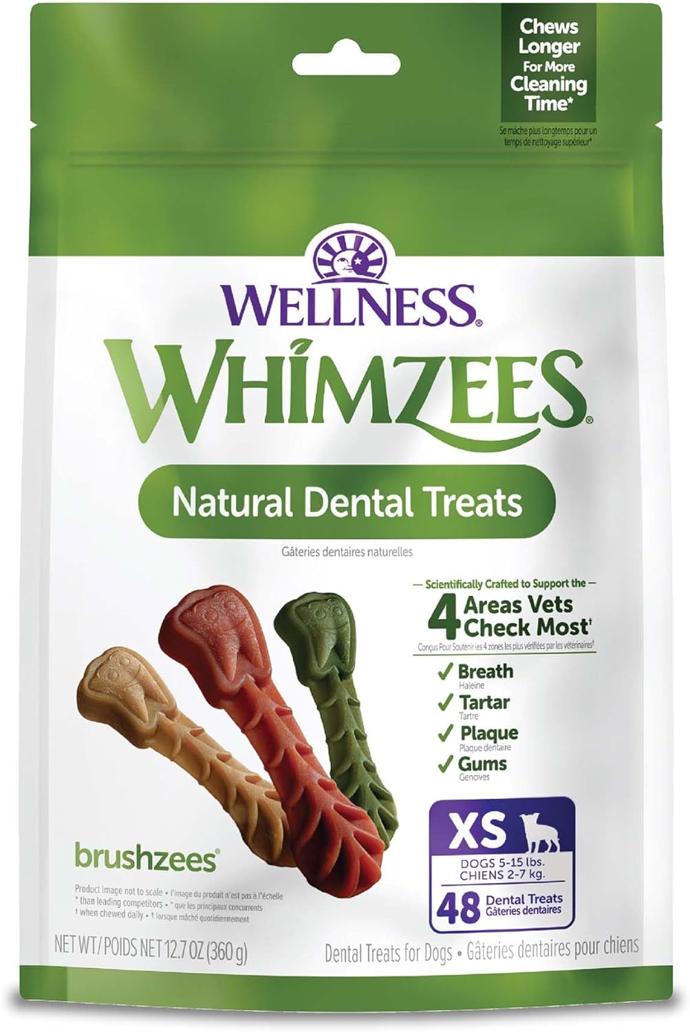 WHIMZEES Wellness Brushzees Dog Dental Treats, Natural Chews, Extra Small Size Stick, (48 Count)