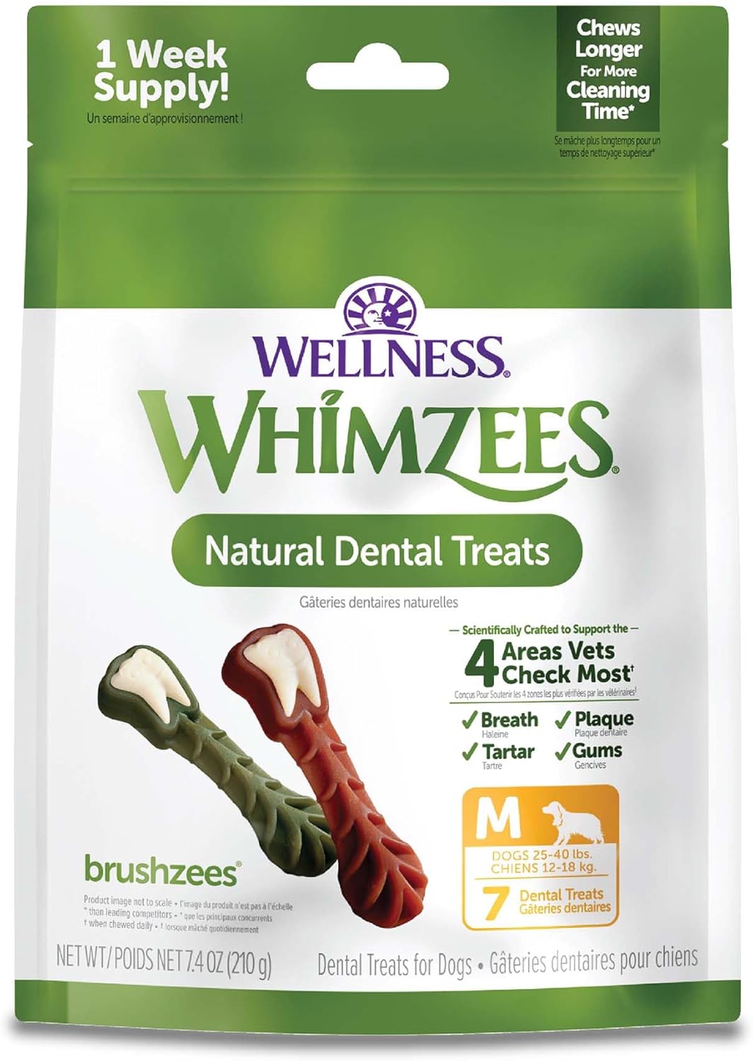 Wellness WHIMZEES Daily Brushzees Dog Dental Treats, Natural Chews, Medium Size Stick, (7 Count)