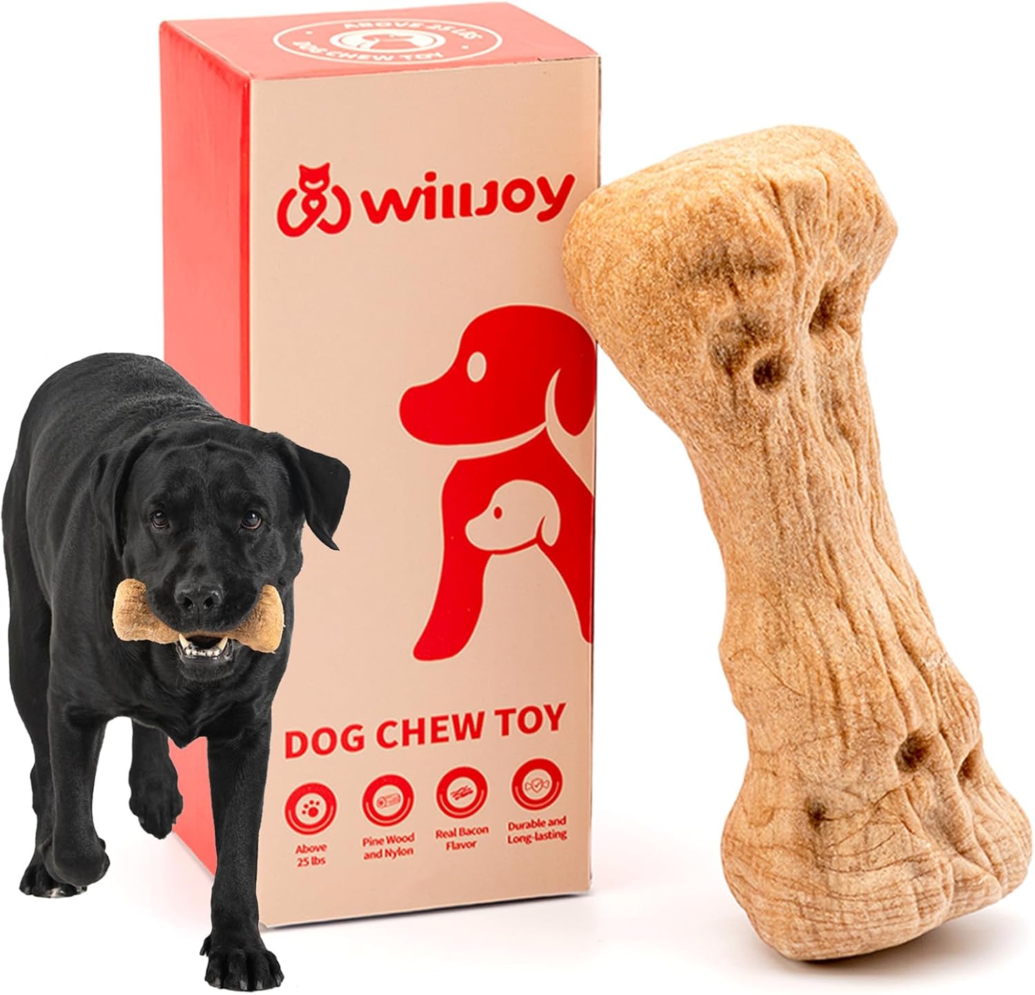Willjoy Dog Chew Toys for Aggressive Chewers, Tough Dog Toys for Aggressive Chewers, Pine Wood and Nylon Indestructible Dog Toy, Bacon Flavor Large Dog Toys to Keep Them Busy
