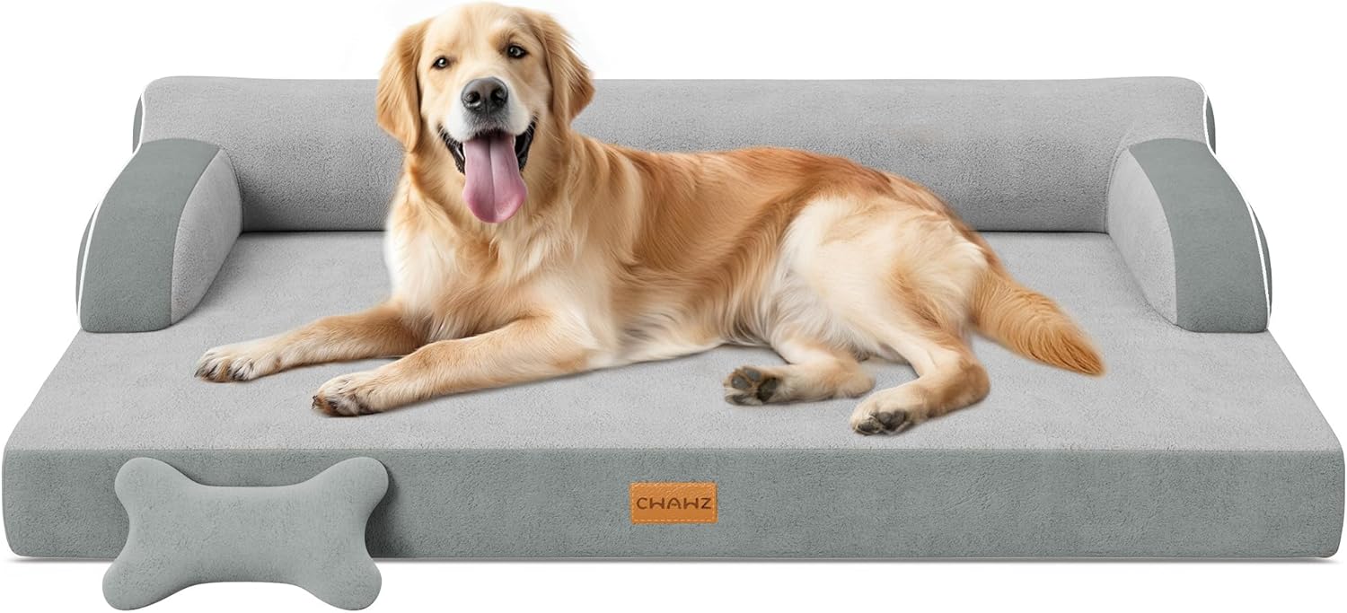 XL Orthopedic Dog Bed, Extra Large Dog Bed, Dual-Sided Pet Cooling Beds with Memory Foam Washable Cover Nonslip Bottom, Waterproof XLarge Pet Couch Beds with Bolsters, Light Grey