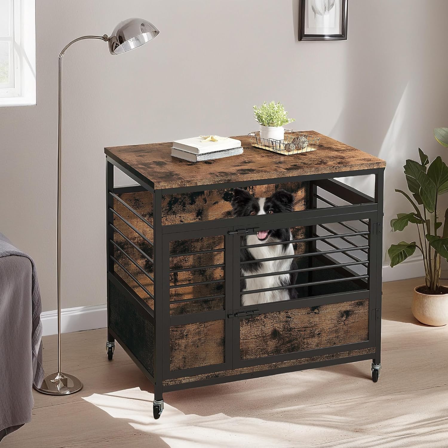 YITAHOME 32″ Dog Crate Furniture with Wheels, Farmhouse Decorative Wood Dog Cage End Table Chew-Resistant Wooden Dog Kennel Indoor for Small Dogs, Rustic Brown