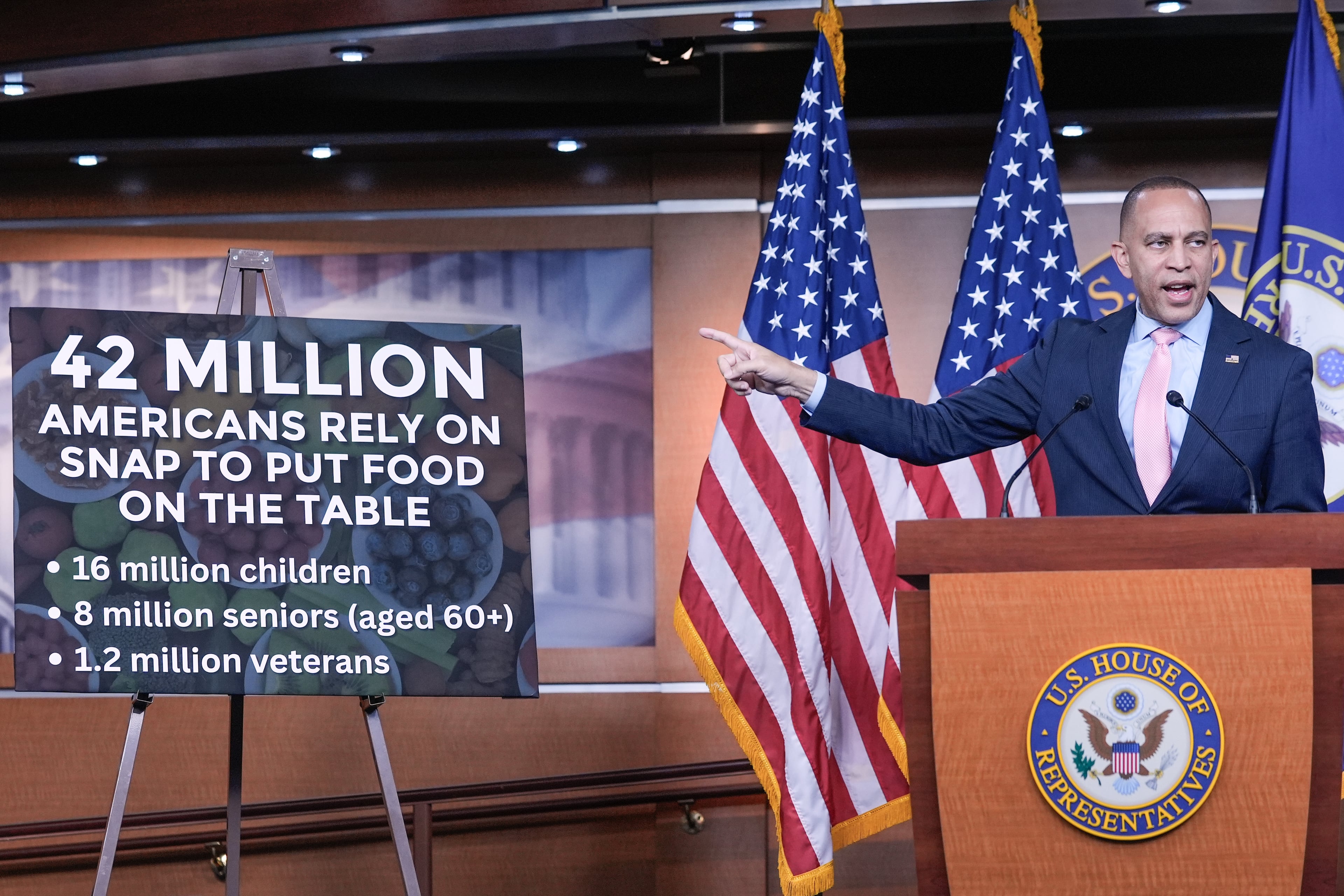 House Minority Leader Hakeem Jeffries, D-N.Y., recently spoke about the Supplemental Nutrition Assistance Program at a news conference in Washington. (Mariam Zuhaib/AP)