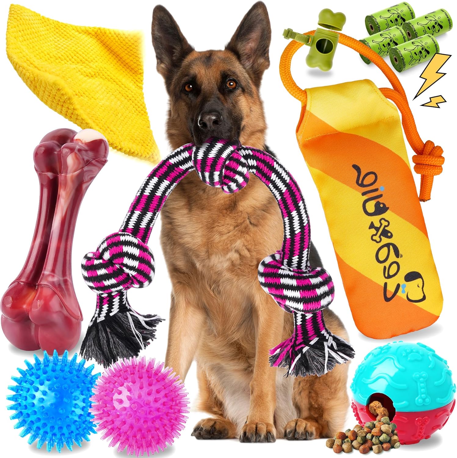 Zeaxuie 12 Pack Heavy Duty Various Dog Chew Toys Pack for Aggressive Chewers – Includes Large Rope Toy, Squeaky Toys & Indestructible Chew Bone for Medium, Large & X-Large Breeds Dogs