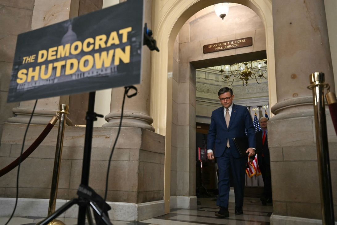 Speaker of the House Mike Johnson arrives to speak during a news conference outside of his office at the US Capitol on the second day of the government shutdown in Washington, DC, on October 2.
